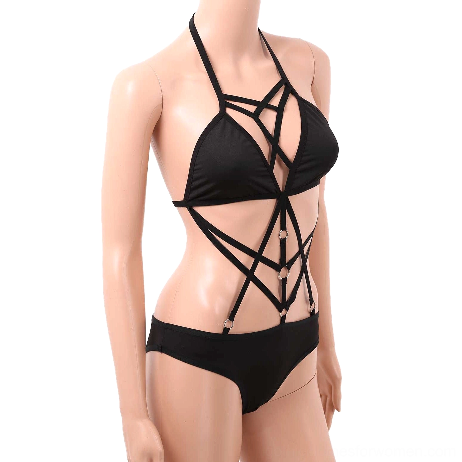 Black gothic monokini right side view on mannequin, highlighting metal ring decorated crisscross straps and structured silhouette