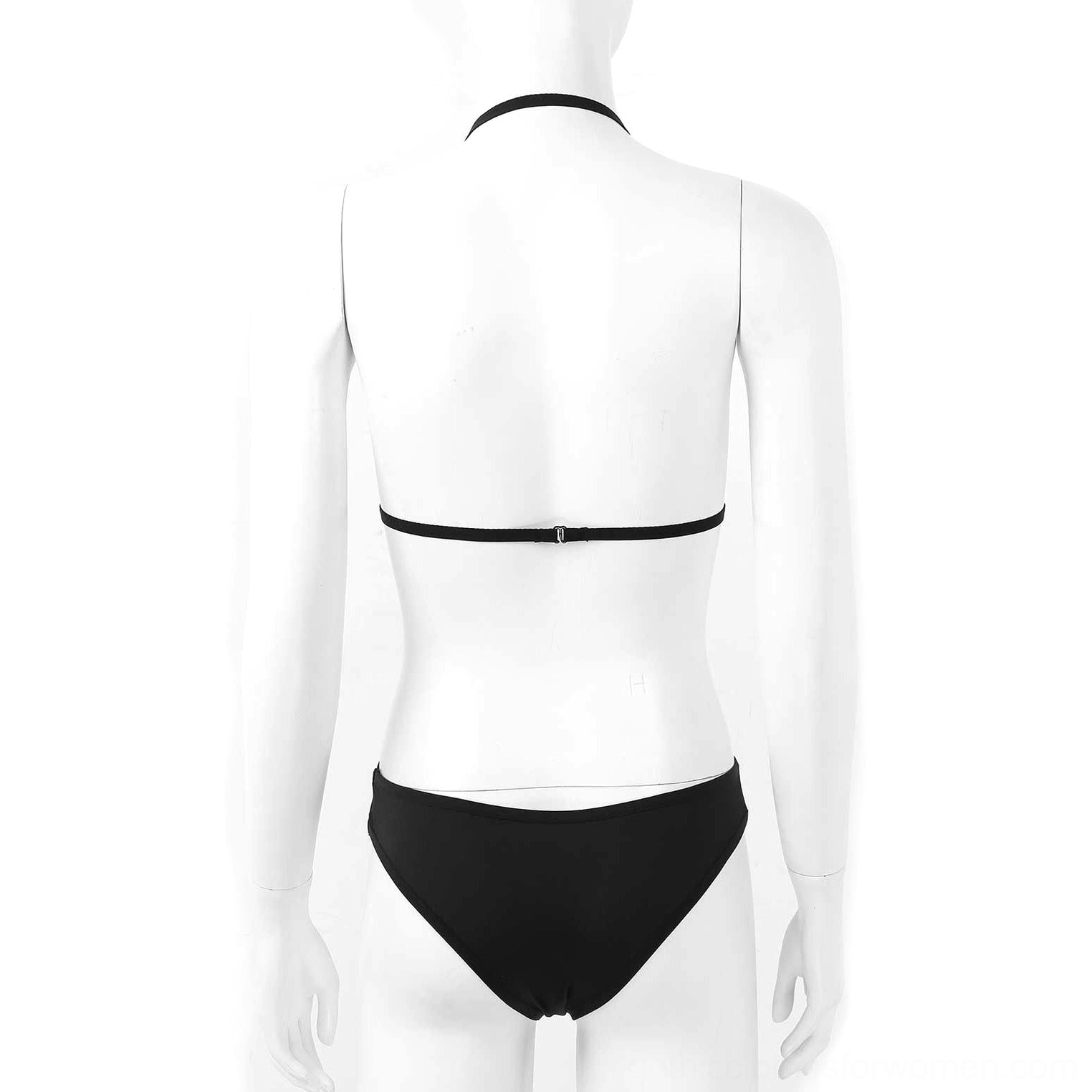 Black gothic monokini detail shot of crisscross straps and metal ring accents showing construction and hardware design