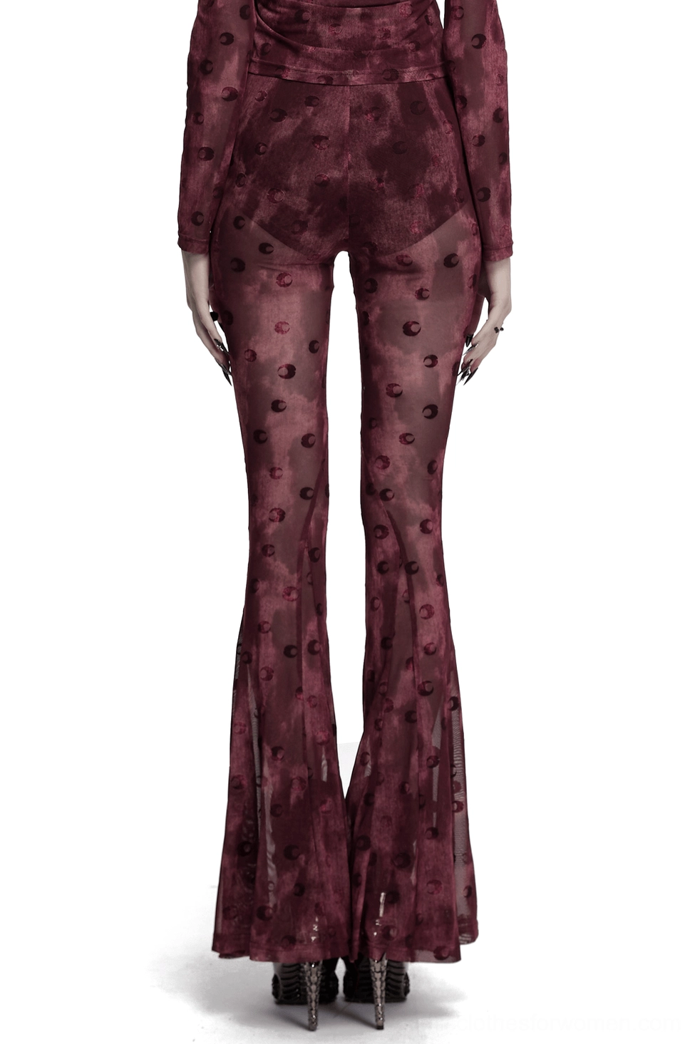 Wine red gothic mesh flare trousers with crescent embroidery back view showing ruched waist