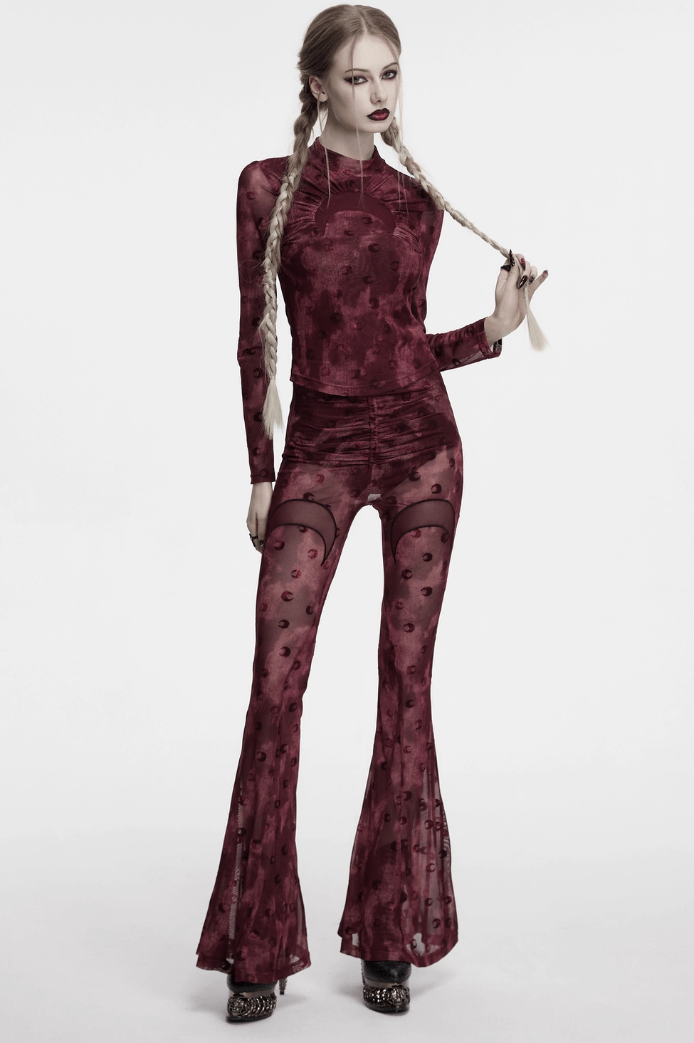 Gothic crescent moon mesh flare trousers wine red waistband and fit detail