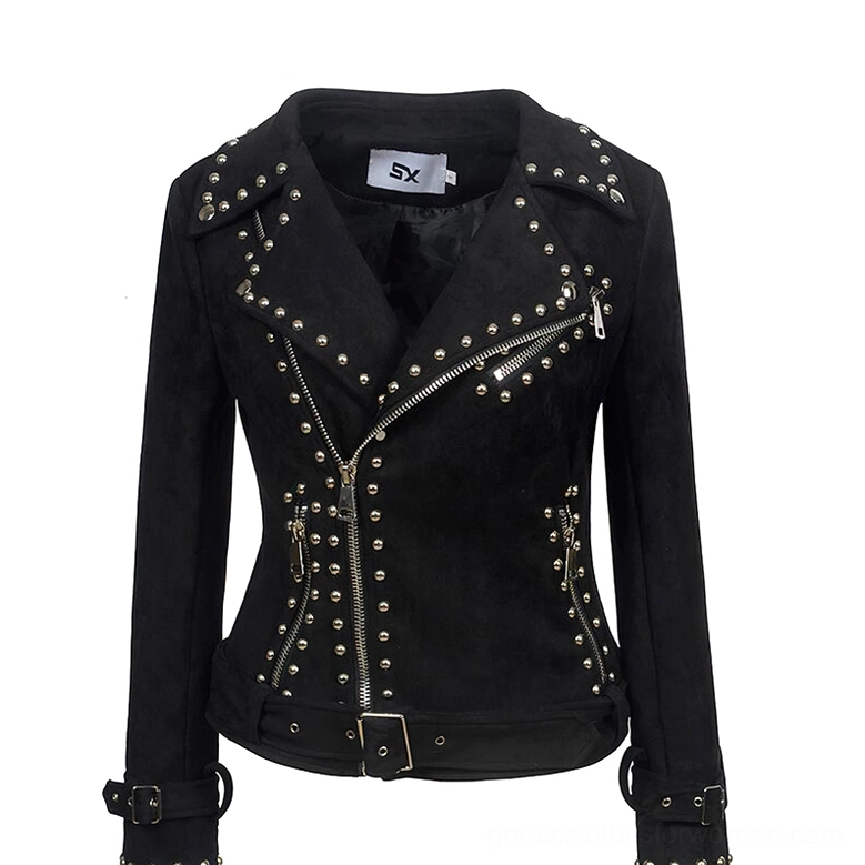 Women's black studded gothic moto biker jacket front view, flat lay product photography with silver rivet and zipper details