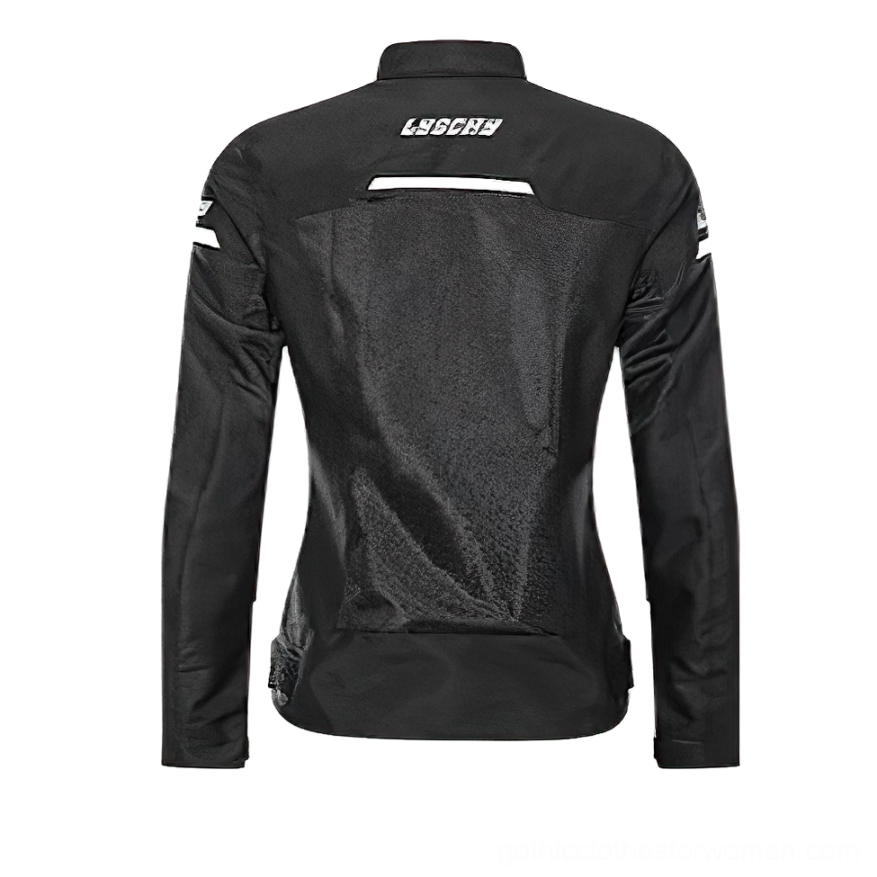Black motorcycle jacket back view showing mesh ventilation panel and adjustable hem straps