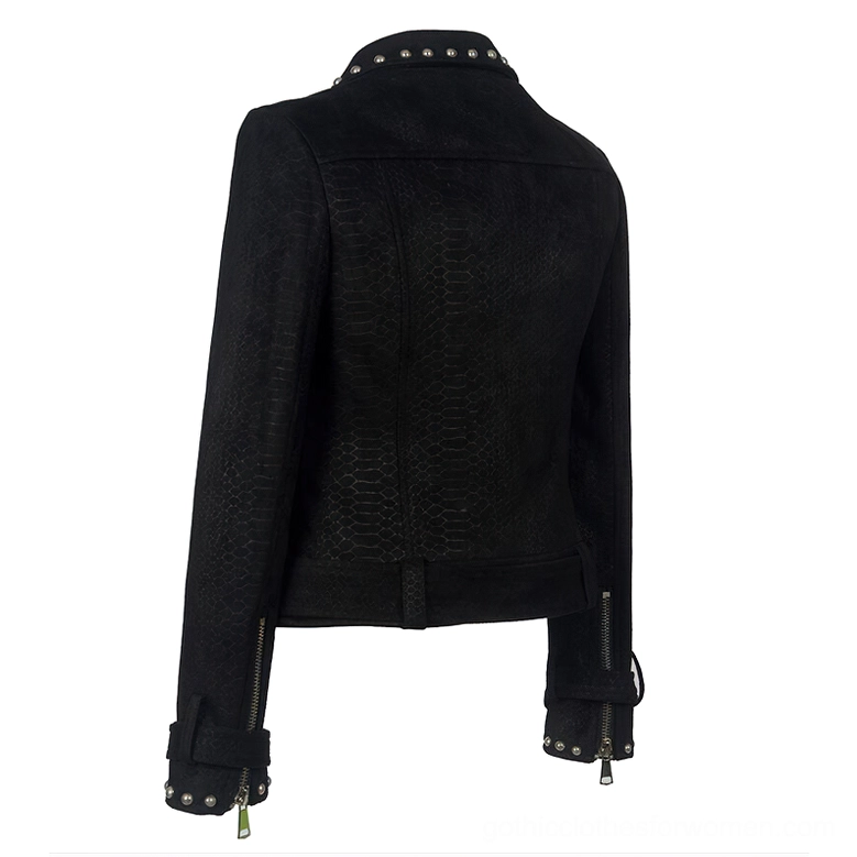 Gothic studded moto biker jacket construction detail, showing seams, stitching, and faux leather material quality