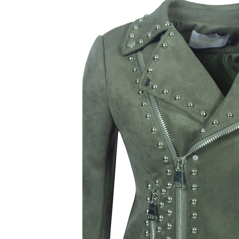 Women's gothic studded moto biker jacket close-up detail shot of rivet, zipper, and hardware embellishments
