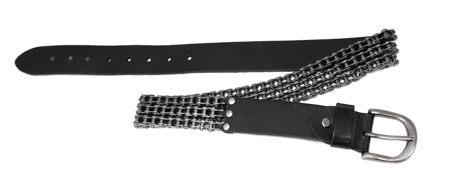 Folded gothic motorcycle chain belt flat lay showing black leather base with dark silver metal chain and standard pin buckle