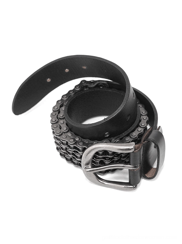 Black leather metal chain gothic belt flat lay overhead view showing gunmetal gray chain, pin buckle closure, and leather construction
