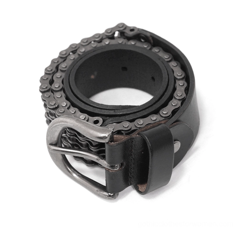 Gothic motorcycle chain belt lifestyle photo showcasing authentic punk and goth aesthetic with dark styling elements