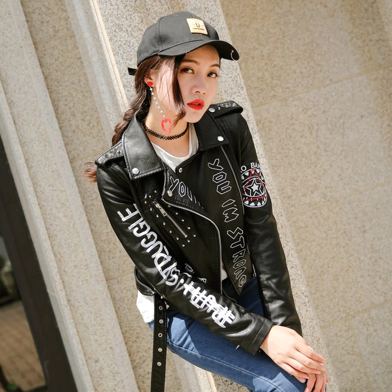 Complete front view black PU leather jacket with artistic 3D printed design and full decorative stud placement