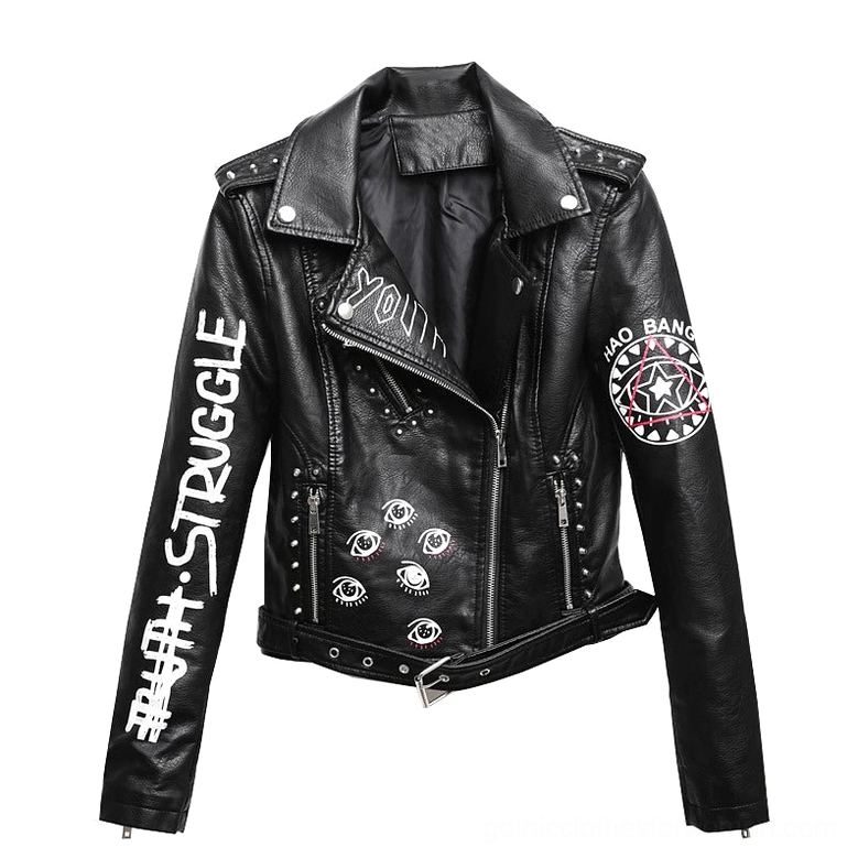 Black faux leather motorcycle jacket front flat view with 3D printed eye motifs and text graphics on white background