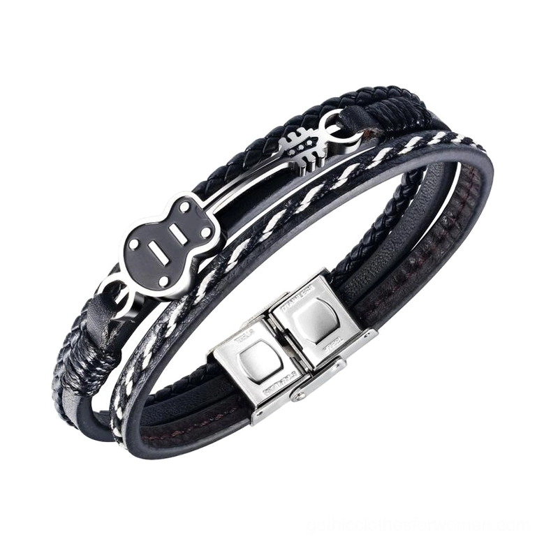 Acoustic guitar themed multilayer gothic leather bracelet with contrast stitching and metal charm
