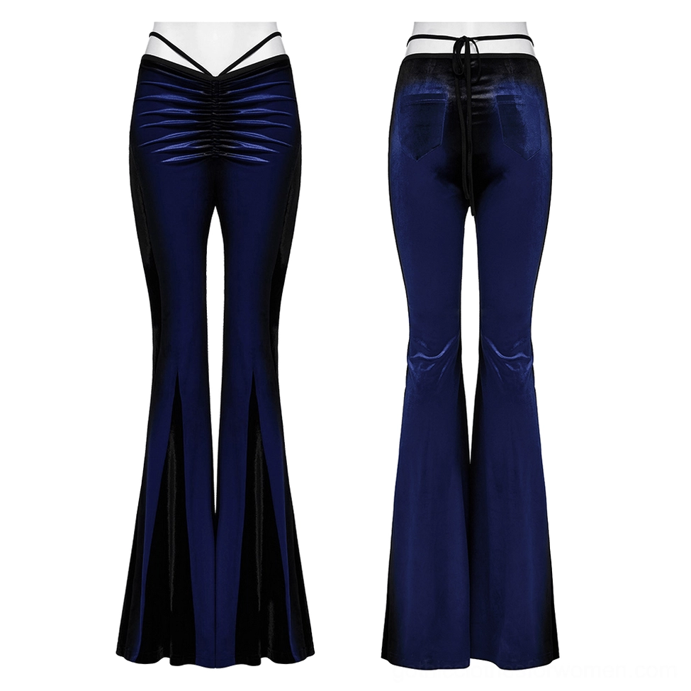 Gothic navy velvet pants front view with spaghetti strap waist and black split flared hem