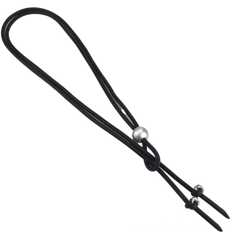 Adjustable punk gothic necklace with black rubber cord and metal adjusters flat lay top view detail