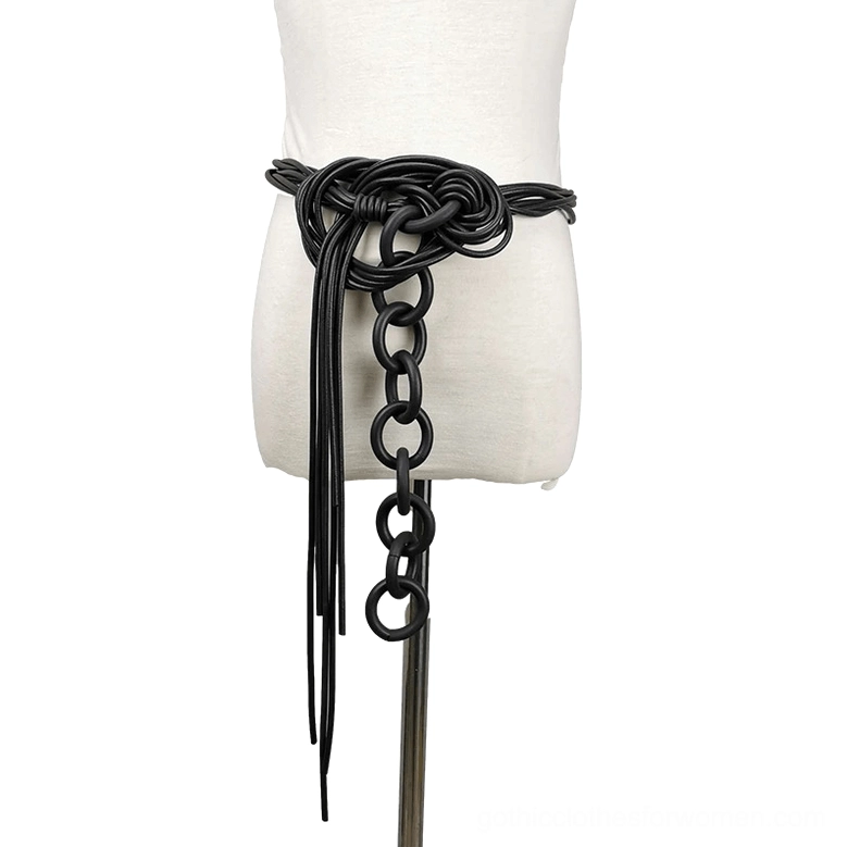 Black rubber gothic necklace worn as body accessory with knotted center design and hanging chain tassel