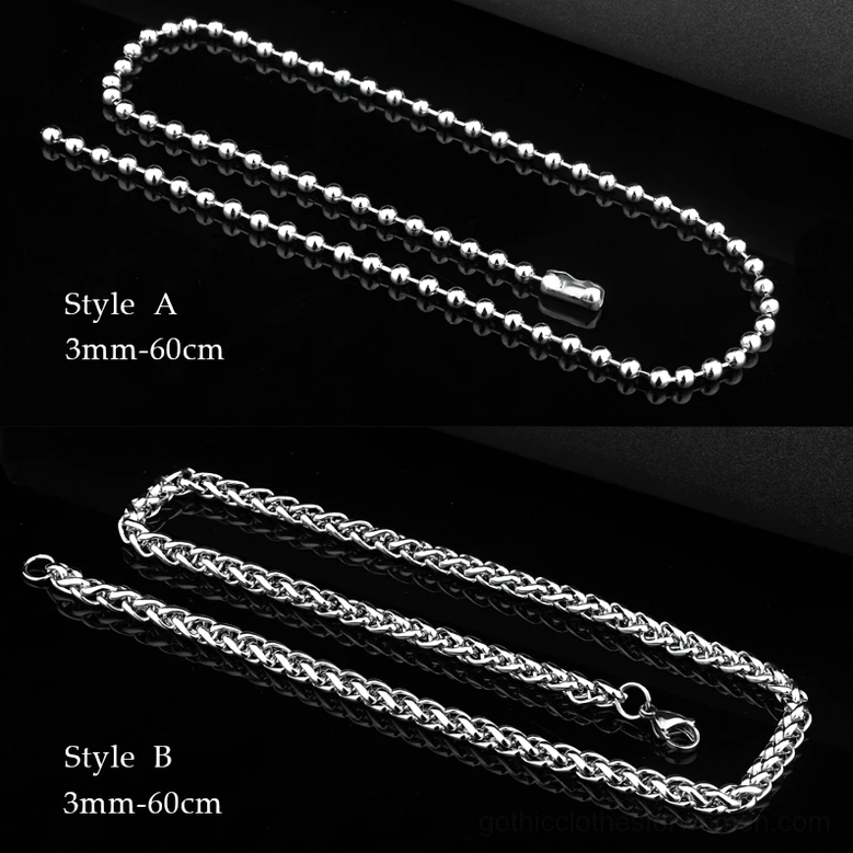 Flat lay comparison of two chain style options for skull pendant necklaces, showing 3mm width bead and curb chain alternatives in 60cm lengths on dark background