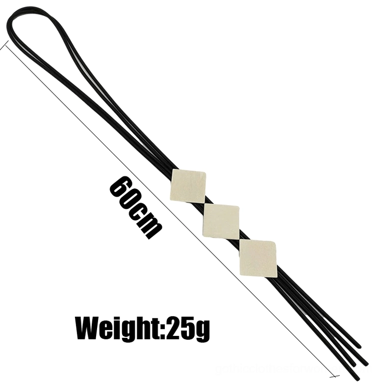 Long lariat necklace with dimension marks showing 60cm length and 25g weight, three square pendants visible in side view on white background