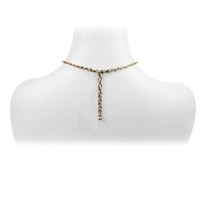 Gothic necklace rear clasp and adjustment chain detail, tassel-style fastening mechanism on neck