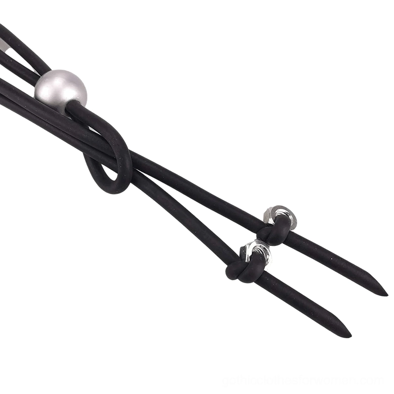 Close-up detail shot of gothic necklace metal screw adjusters and silver round bead