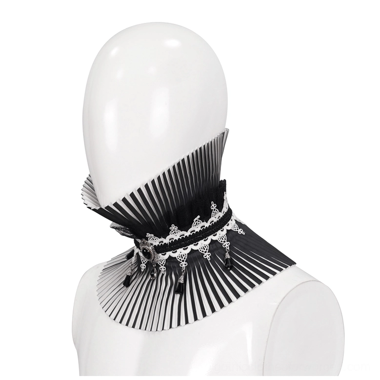 Gothic stand collar left side view showing lace band and tassel pendant decorations on mannequin