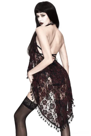 Gothic lingerie nightdress with crisscross back straps and tassel hem - rear view on model