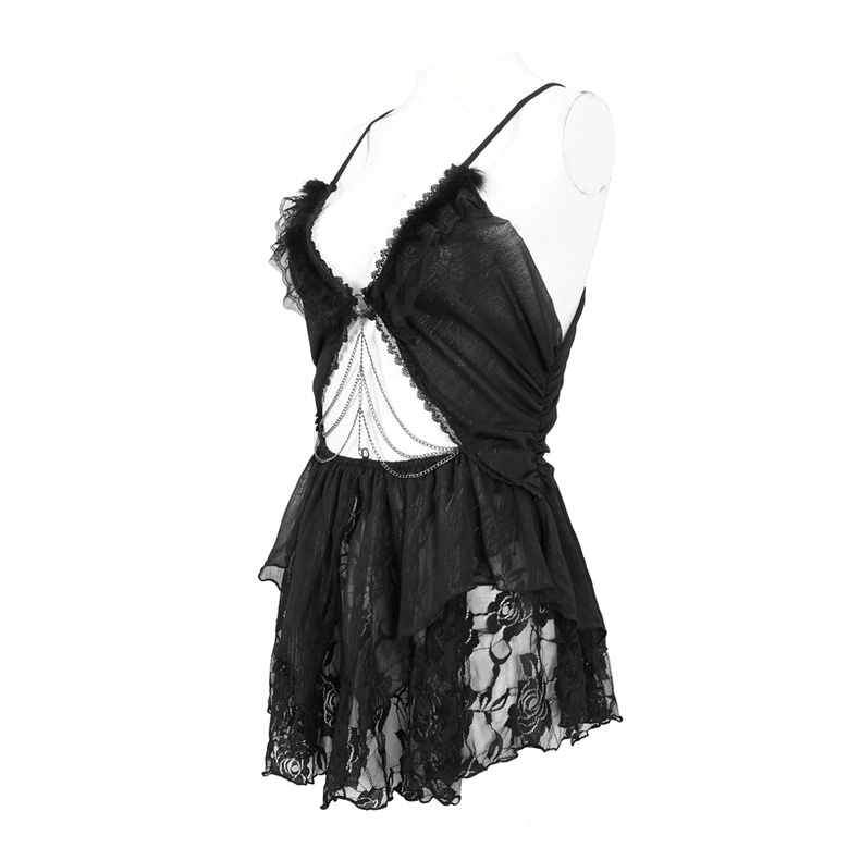 Black lace gothic nightdress asymmetrical handkerchief hem and open back, mannequin back view