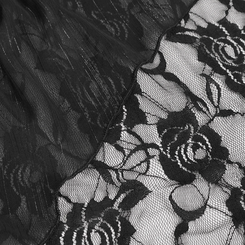 Black floral lace sheer fabric of gothic nightdress, pattern and weave detail photography