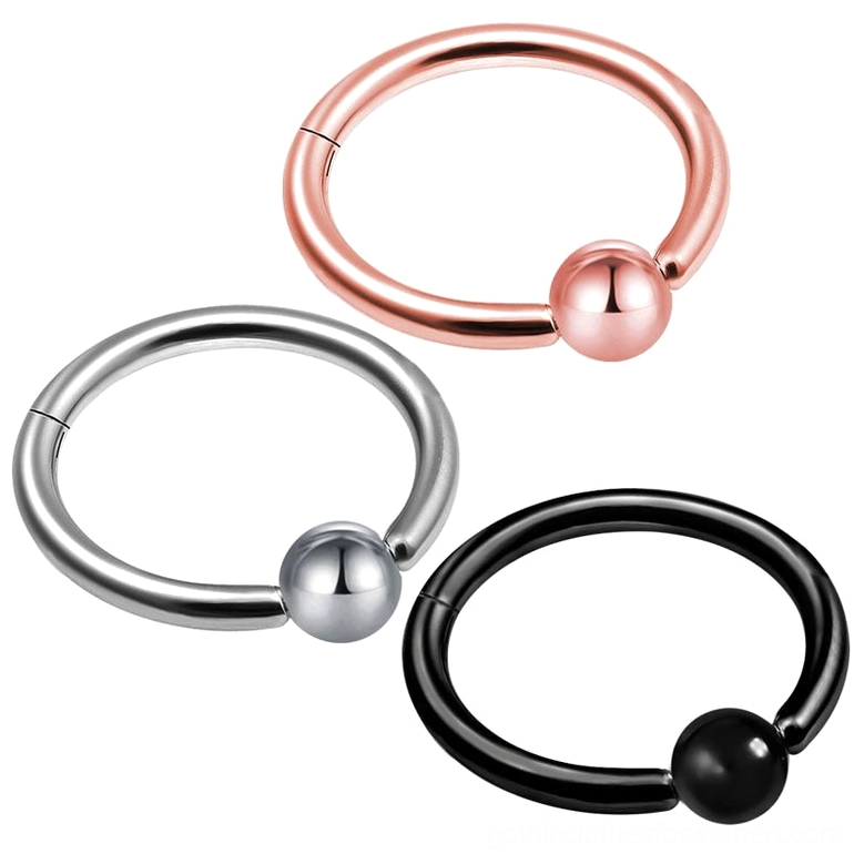 Three gothic clicker nose rings in color variants, compact minimalist bead hoop design showcase