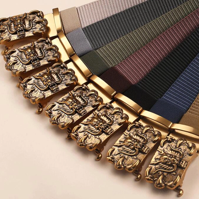 Nylon gothic belt with dragon embossed bronze buckle side profile view