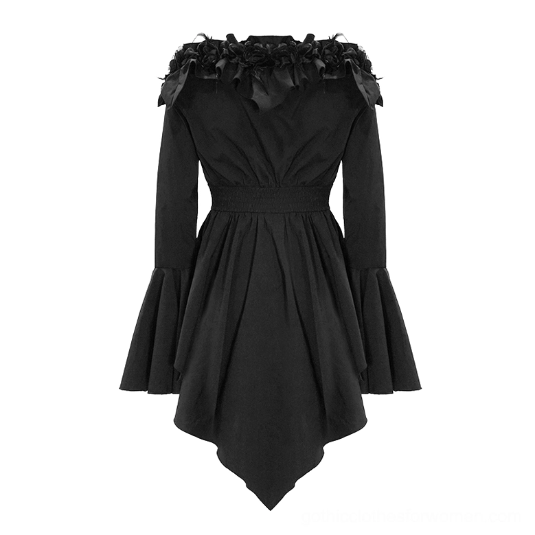 Gothic off-shoulder blouse with bell flare sleeves, asymmetric hem detail, and dimensional rose embellishments on alternative model styling
