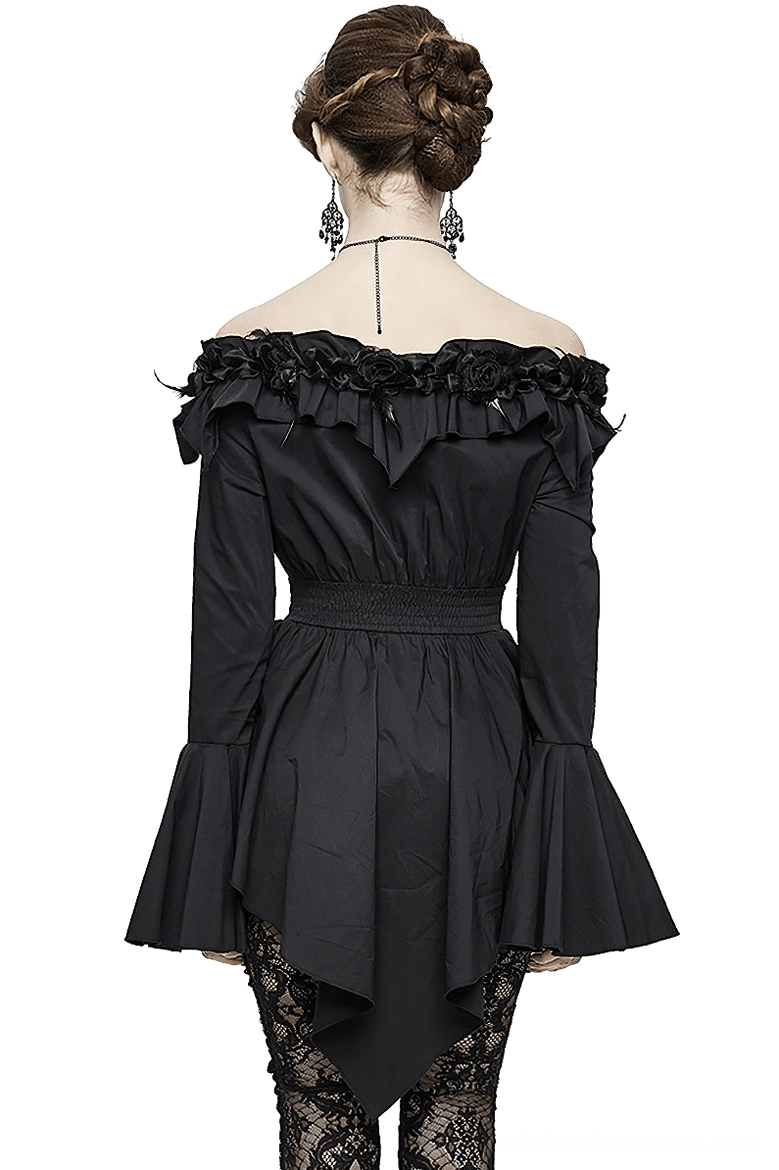 Gothic blouse back view displaying asymmetric peplum hem, bell flare sleeves with ruffled edges, and decorative feather trim detailing