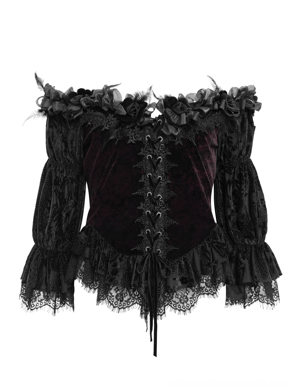 Three-quarter front view of gothic off-shoulder velvet blouse on model with dark studio background highlighting ruffled neckline