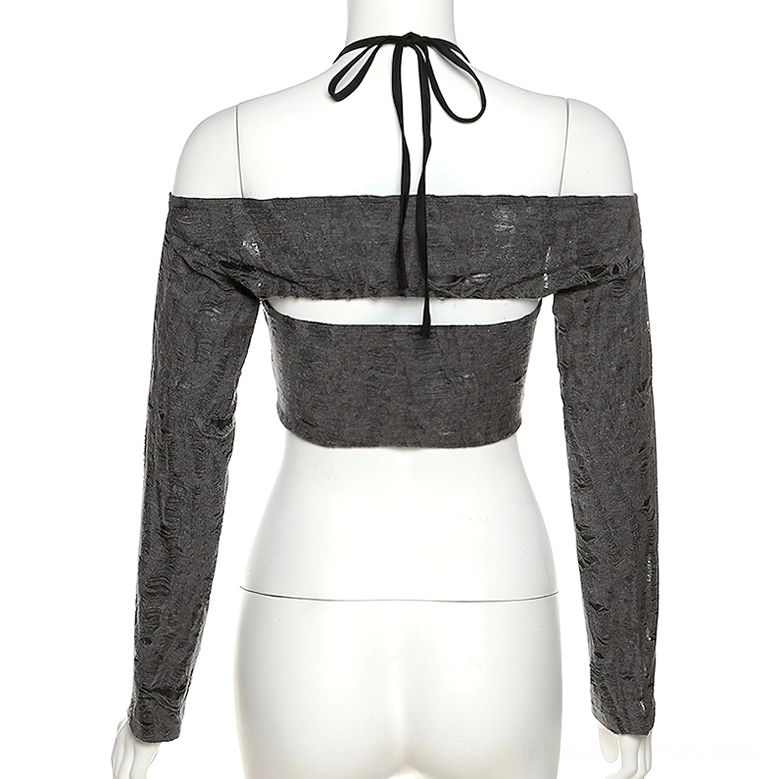 Backless bandeau halter tie style of gray off-shoulder crop top on white display mannequin, back view - gothic edgy backless design