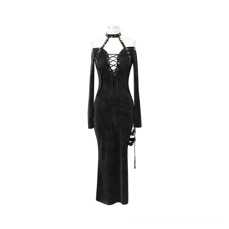 Off-shoulder black gothic maxi dress with halter neck lace-up and decorative leather hanging straps on display