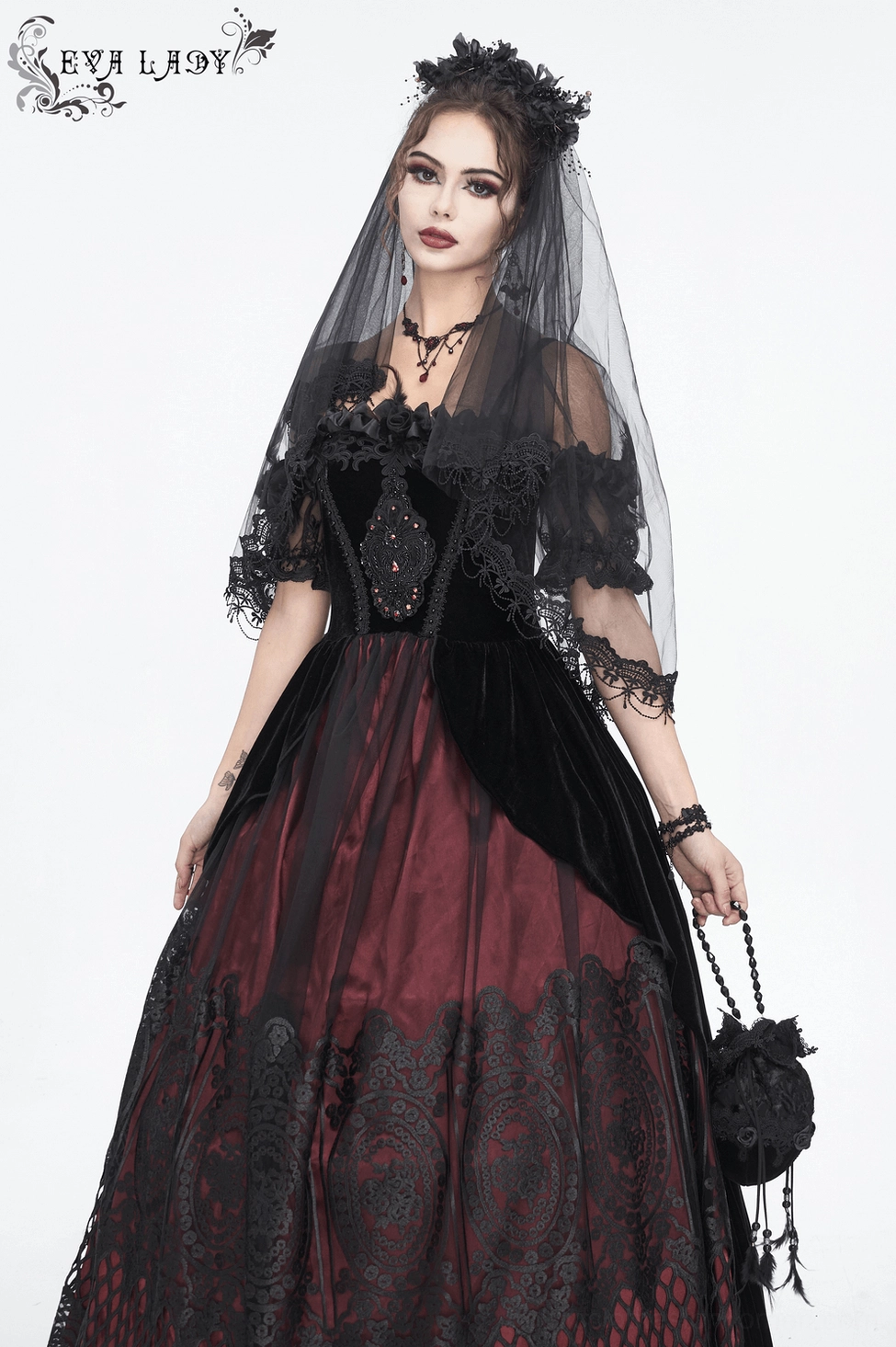 Velvet gothic off-shoulder dress rear quarter view showing corset lace-up back and floor-length train detail