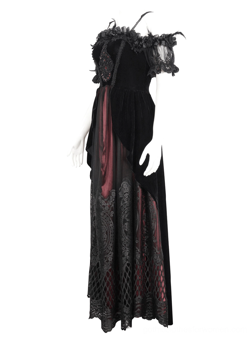 Black velvet gothic dress left side view displaying lace overlay skirt and burgundy underlayer with off-shoulder styling