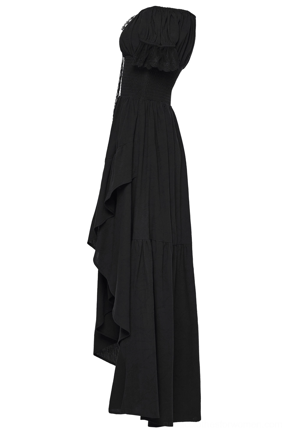 Side flat lay view of gothic off-shoulder maxi dress displaying tiered skirt and ruffled neckline