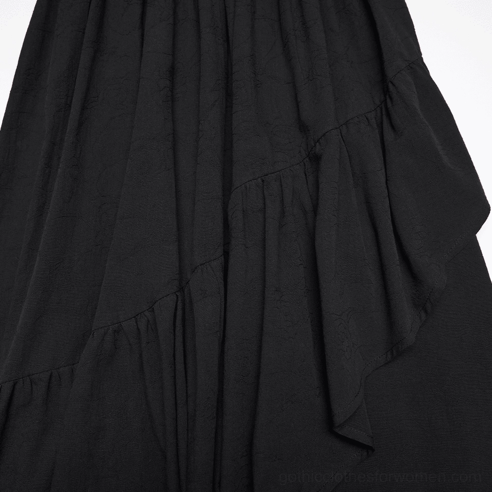 Gothic high-low maxi dress product view highlighting jacquard fabric pattern and off-shoulder neckline