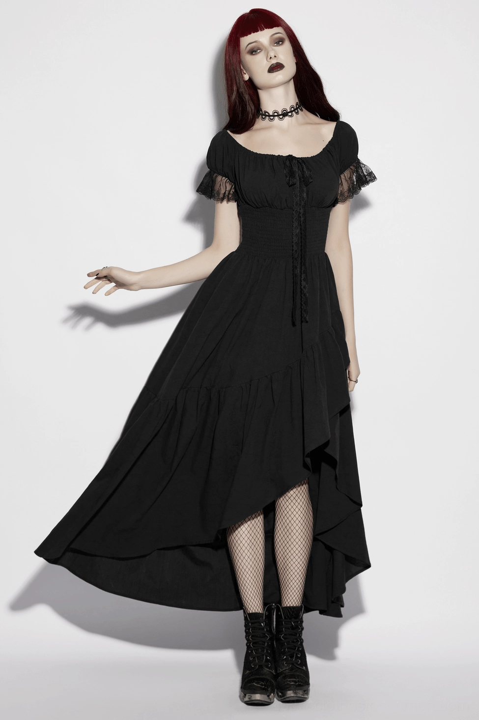 Gothic off-shoulder maxi dress detail shot showcasing smocked waist and hem construction