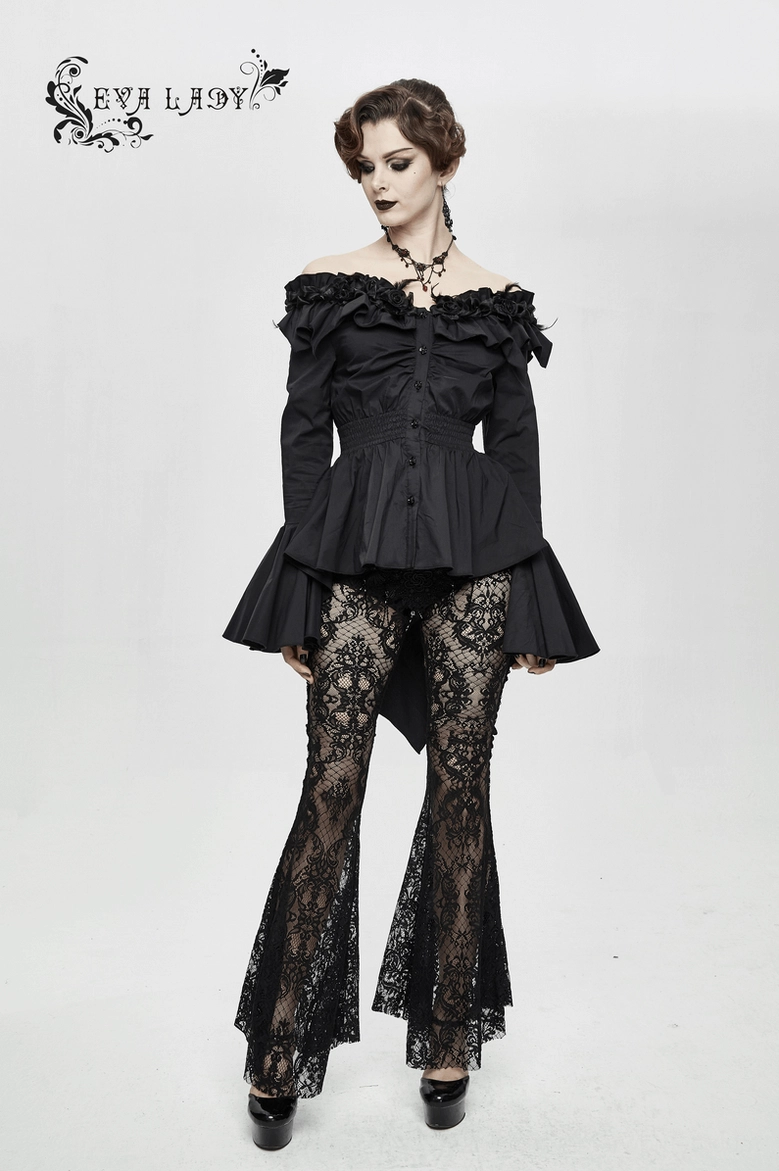 Black gothic off-shoulder blouse with rose appliqué details, bell flare sleeves, and smocked waist shown from front angle on lifestyle background