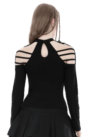 Back view of black off-shoulder gothic top showing dramatic keyhole back cutout design and strappy shoulder detail on female model against white background