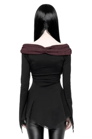 Gothic off-shoulder long sleeve top with fitted back design and wine-red collar - rear full view on model