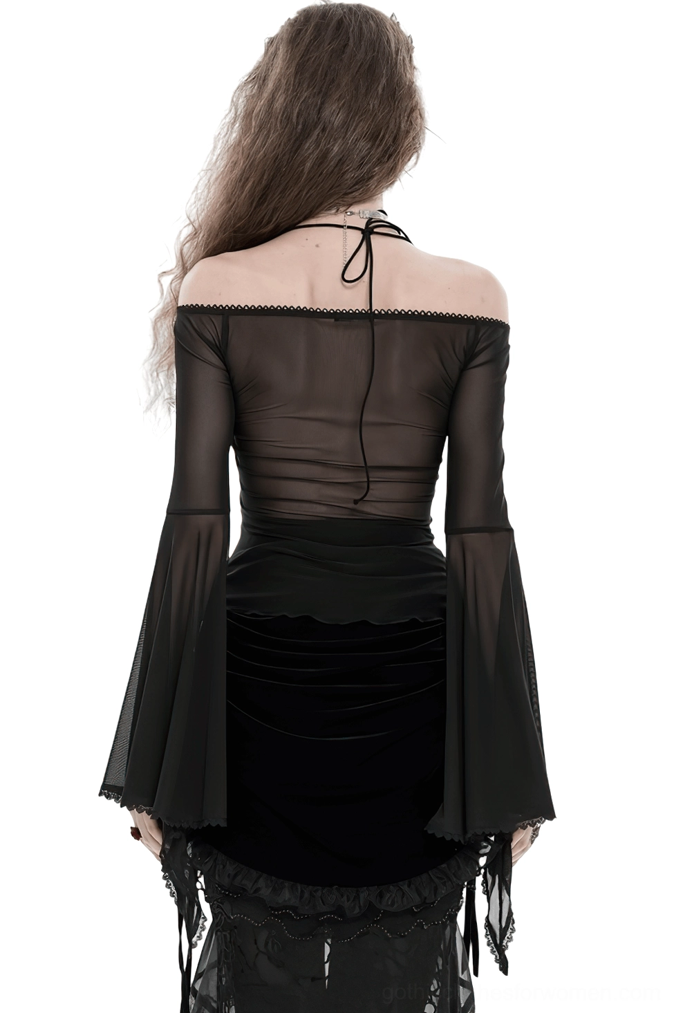 Off-shoulder gothic mesh top back view showing halter neck tie and flared sheer sleeves