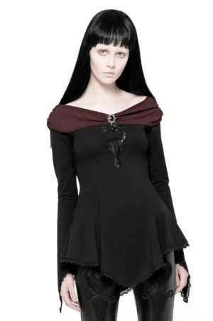 Black gothic off-shoulder long sleeve top with wine-red collar, gem brooch, and black lace trim - front view on model with bangs