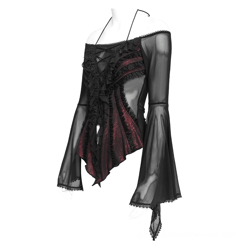 Gothic off-shoulder top side-front view on mannequin with asymmetrical hem and sheer bell sleeves