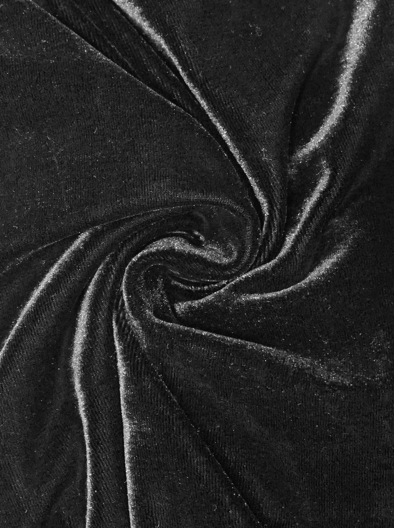 Gothic black velvet maxi dress with off-shoulder neckline and lace-up back closure, full-length view on neutral background