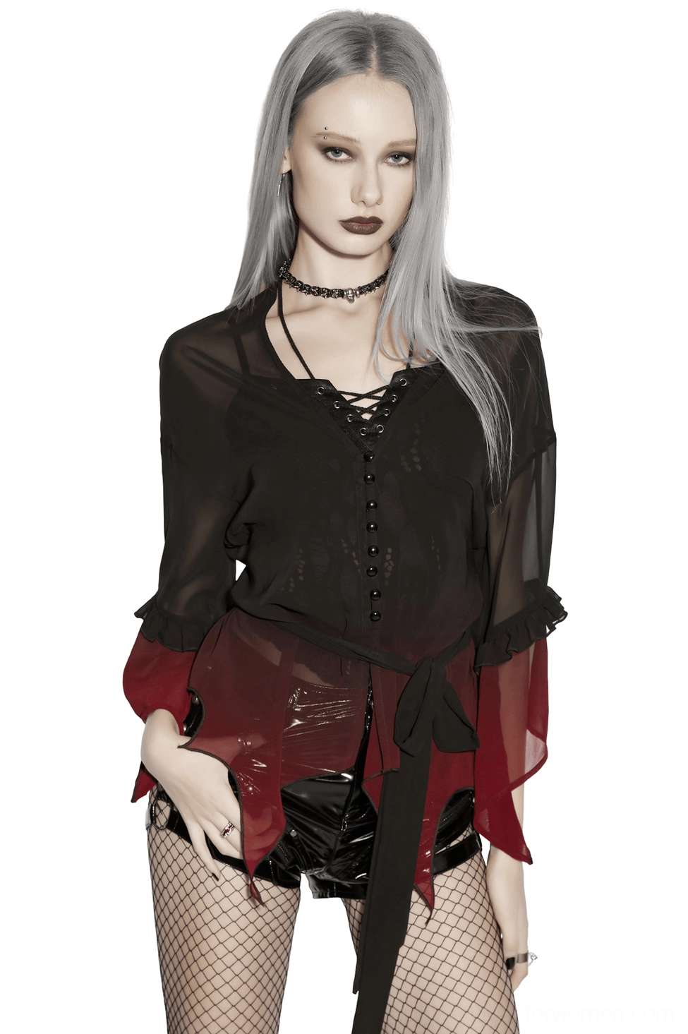 Black-burgundy ombre gothic chiffon cape front view with tie waist and deep V neckline, ruffled bell sleeves