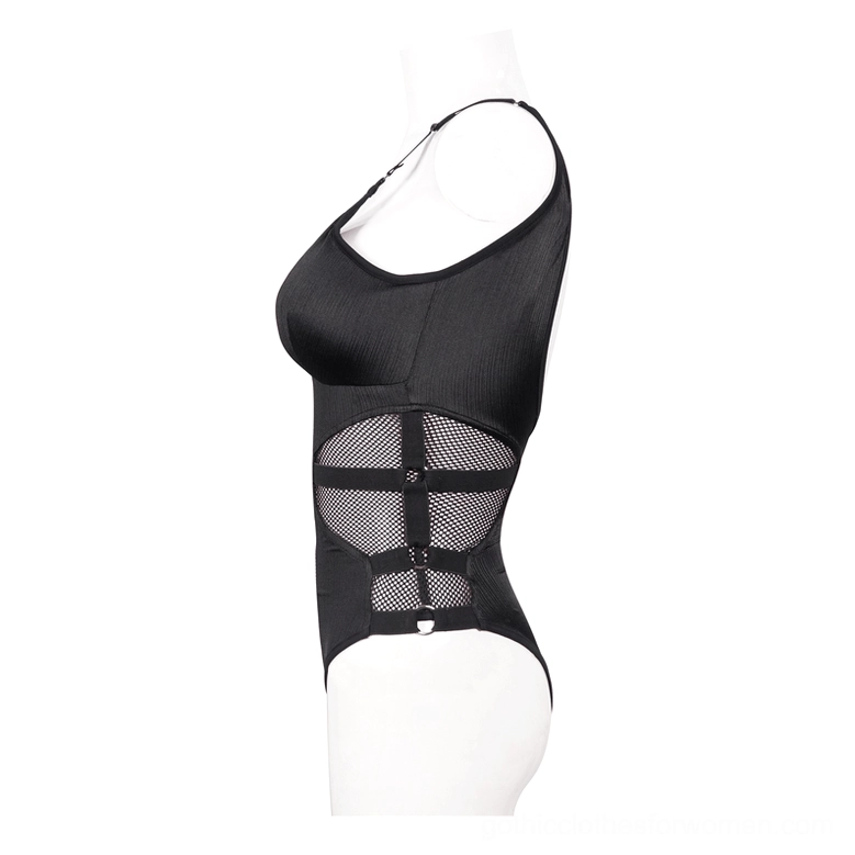 Black one-shoulder gothic swimsuit displayed on mannequin side view with mesh back cutout details