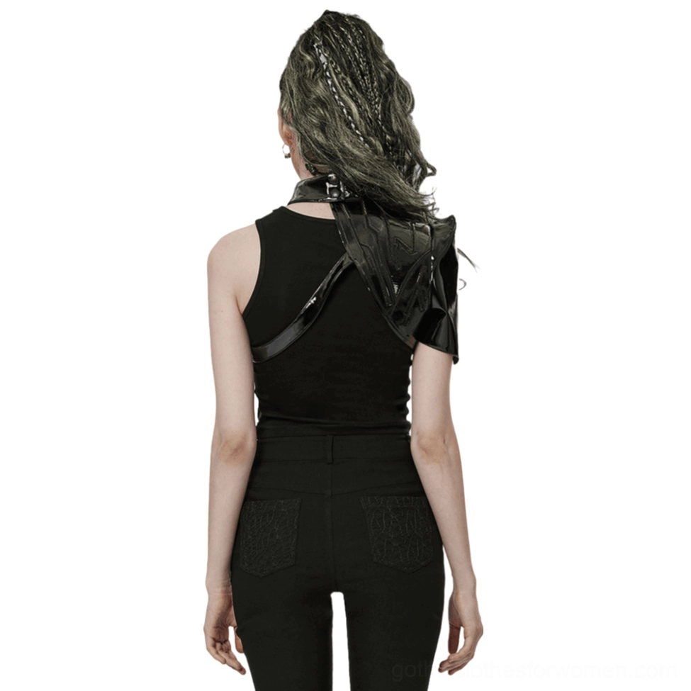 Rear view of gothic one-shoulder harness featuring crossbody strap and adjustable snap fasteners on female model