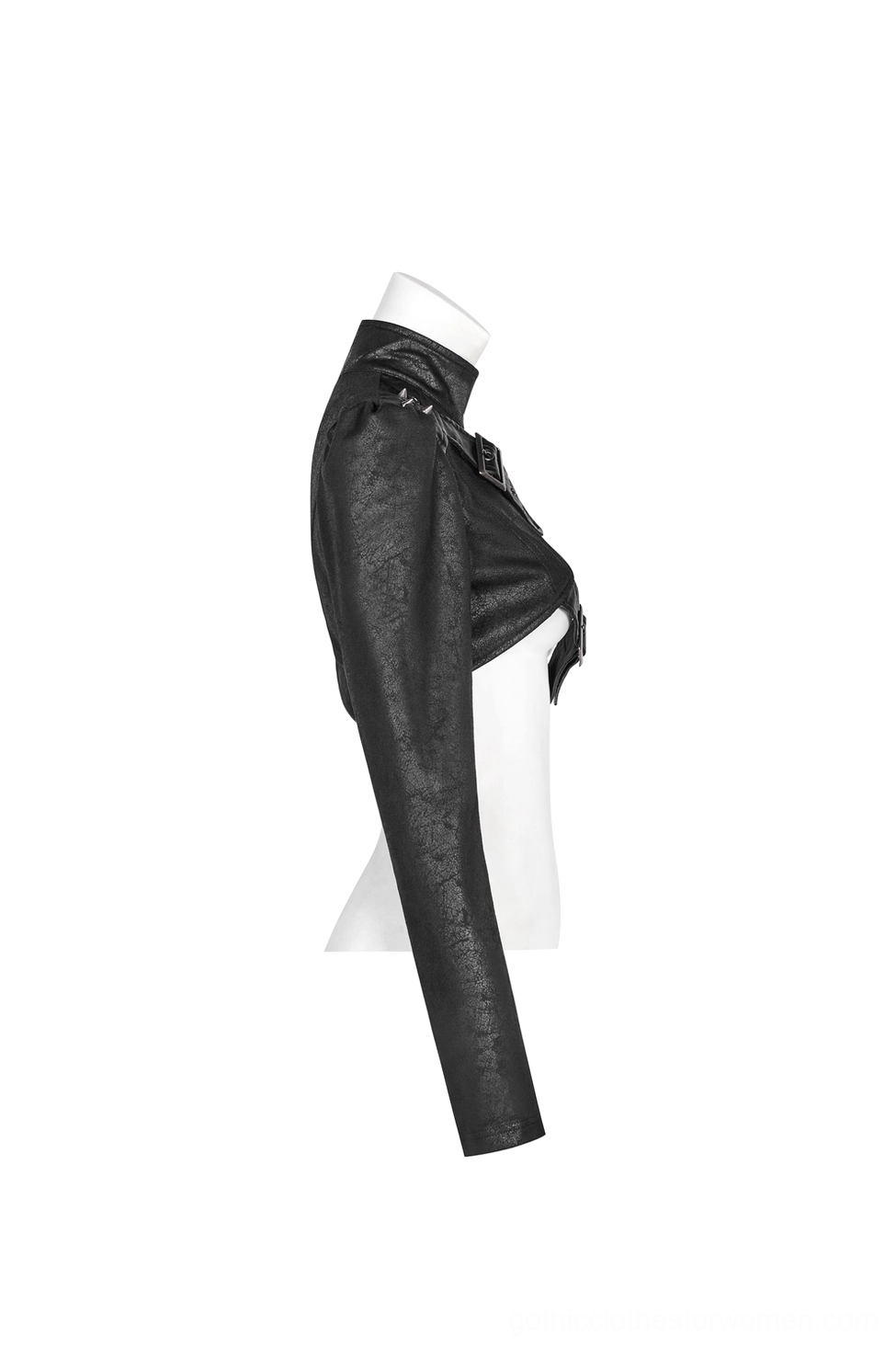 Asymmetrical faux leather gothic jacket side profile - fitted cropped silhouette on mannequin