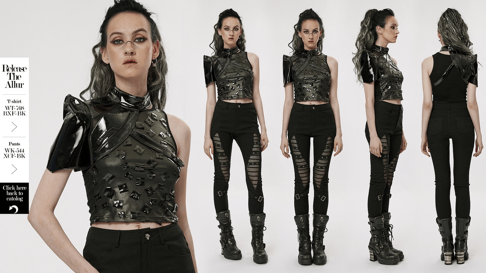 Full-length display of gothic one-shoulder patent leather harness showing complete crossbody configuration