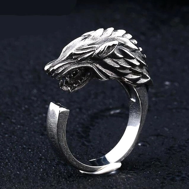 Open adjustable wolf gothic ring with bared wolf mouth design - flexible sizing silver tone statement piece
